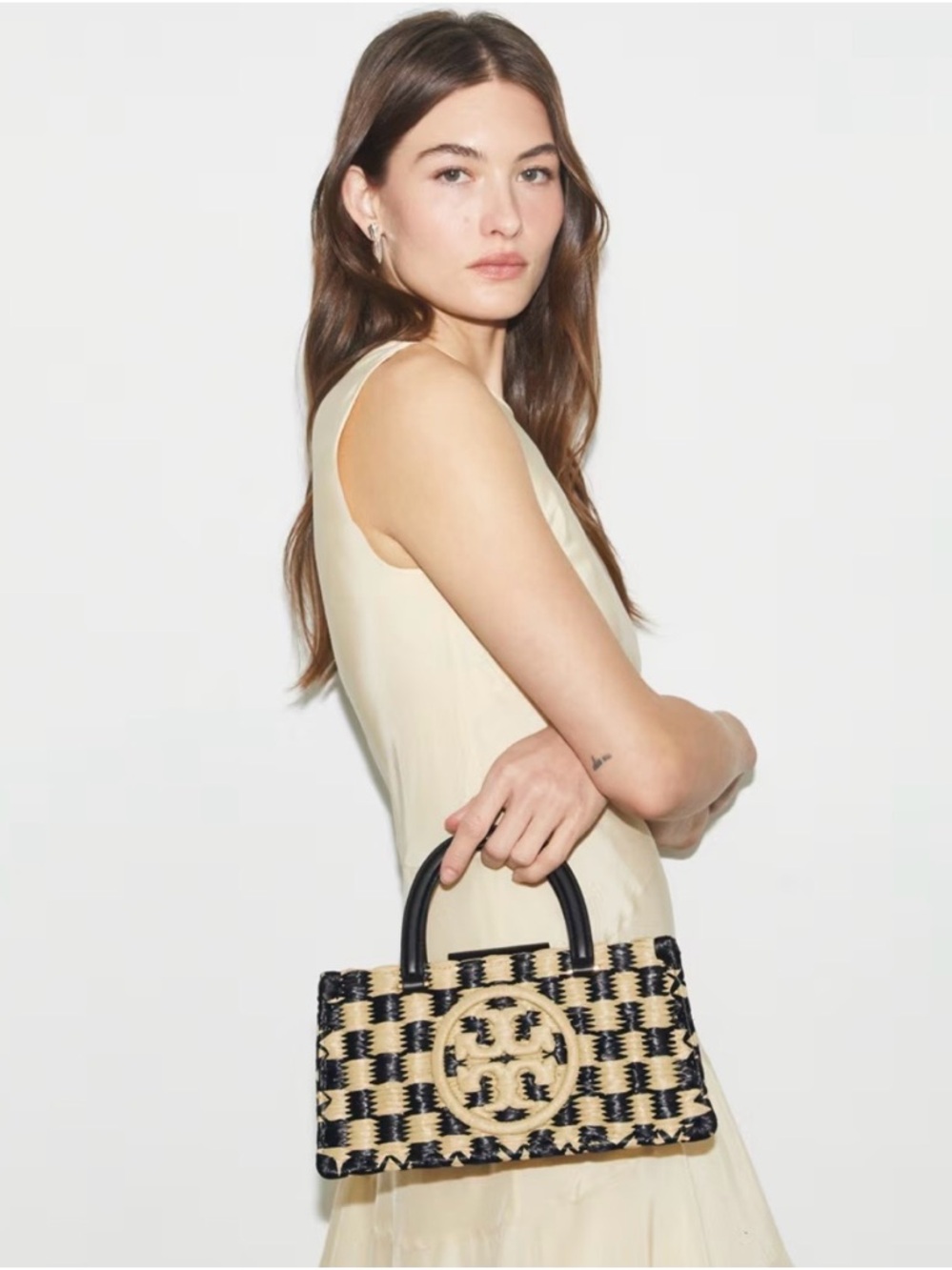 Tory Burch Black and Natural Woven 
 Tote